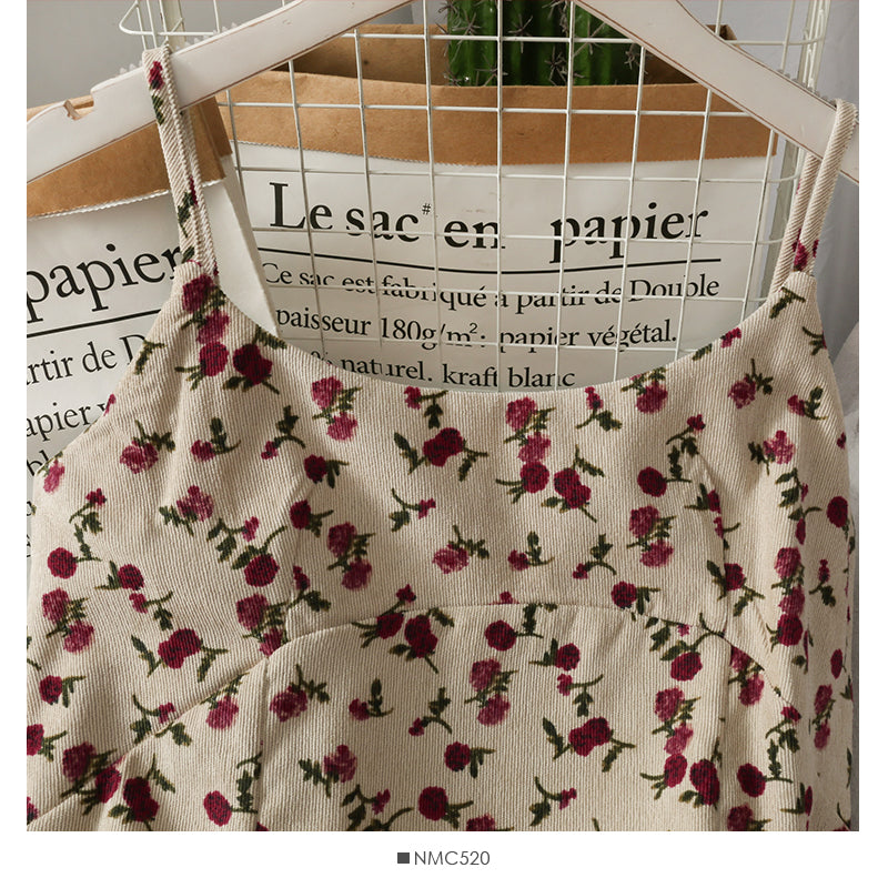 Sweet printed corduroy high waist medium length beautiful back dress for women  2675