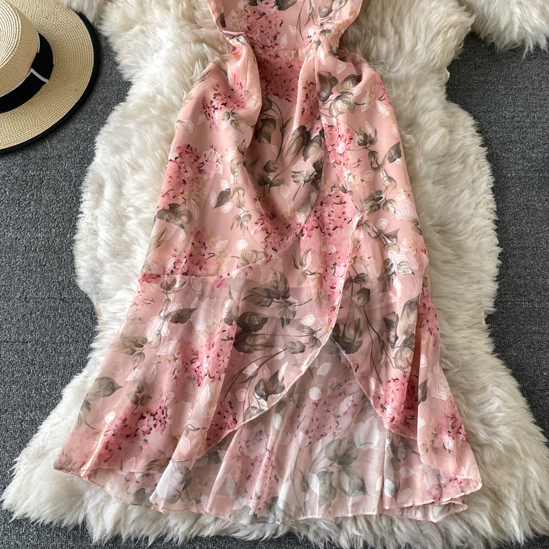 Split Pink Floral Chiffon Dress with irregular ruffles  3426