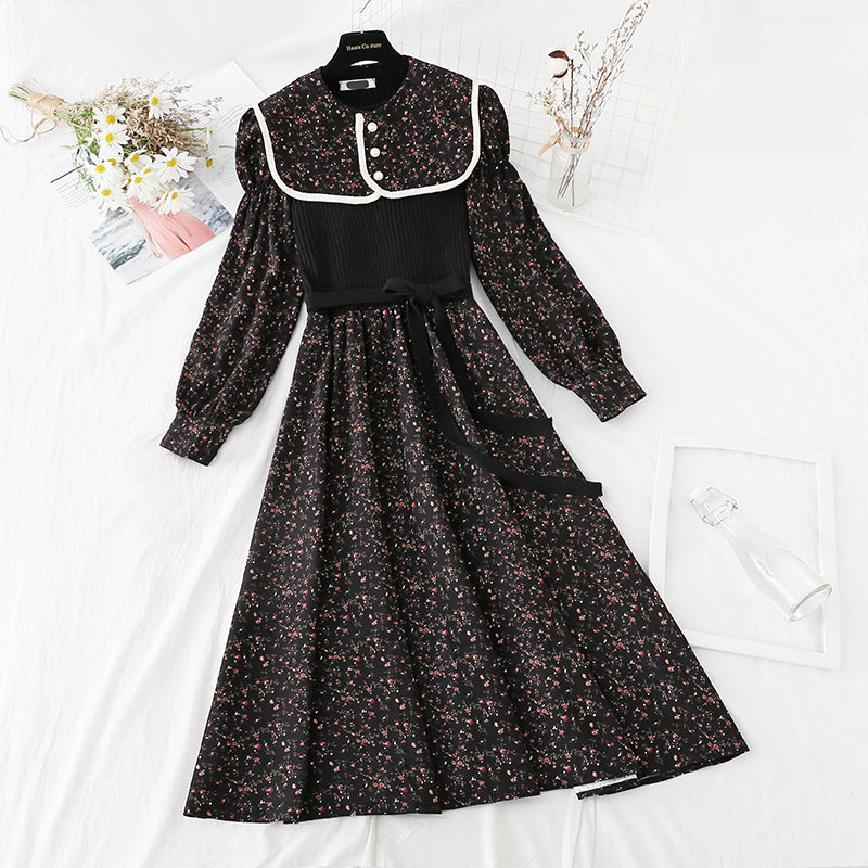 Patchwork floral dress women's slim bottomed skirt versatile age reduction  2311