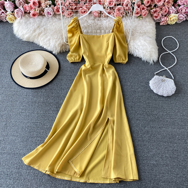 French retro square neck bubble sleeve waist slim dress  2940