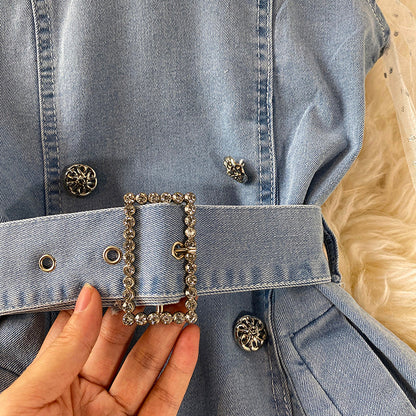 Slim mesh stitched denim A-line skirt dress  3438