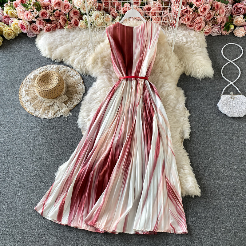 Gradient V-neck sleeveless dress temperament long skirt  3182