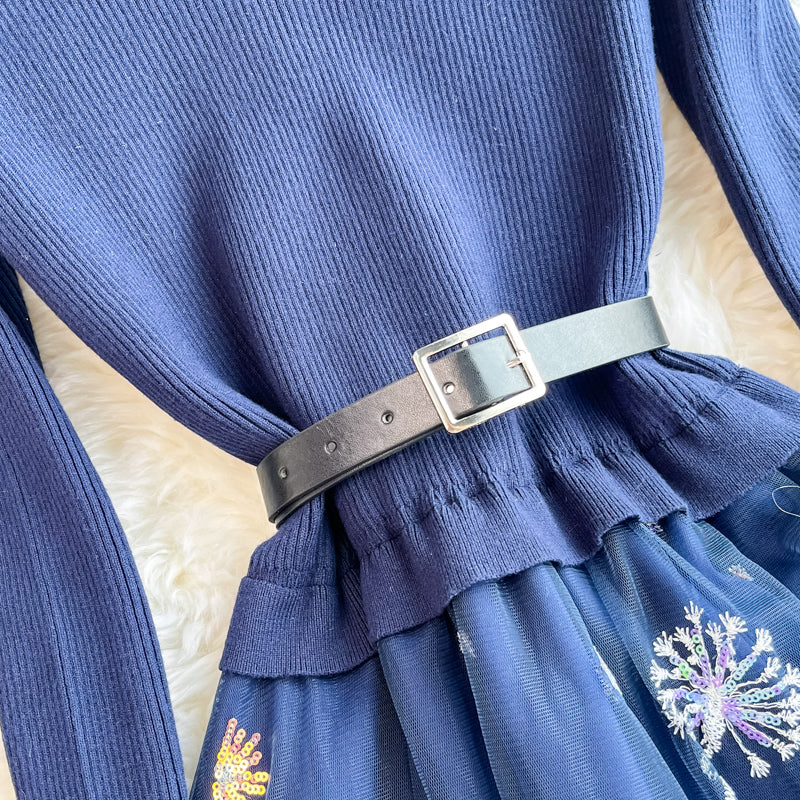 Celebrity temperament stand collar bottomed knitted dress  2870