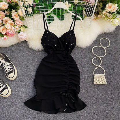Suspender skirt low chest V-neck waist tight hip drawstring fishtail skirt  2931