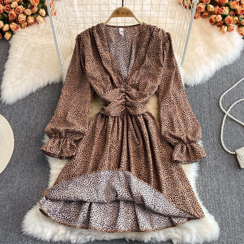 V-neck bubble sleeve small leopard print dress  3128