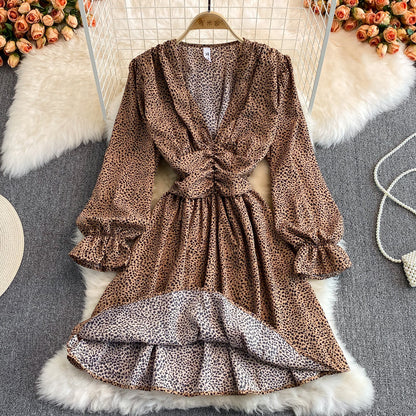 V-neck bubble sleeve small leopard print dress  3128