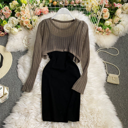 Long sleeved Knitted Blouse hip strap dress  2764