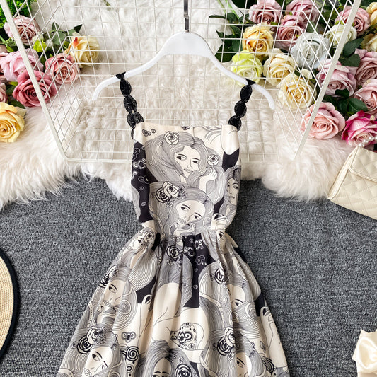 Slim waist sexy backless printed suspender dress  3404