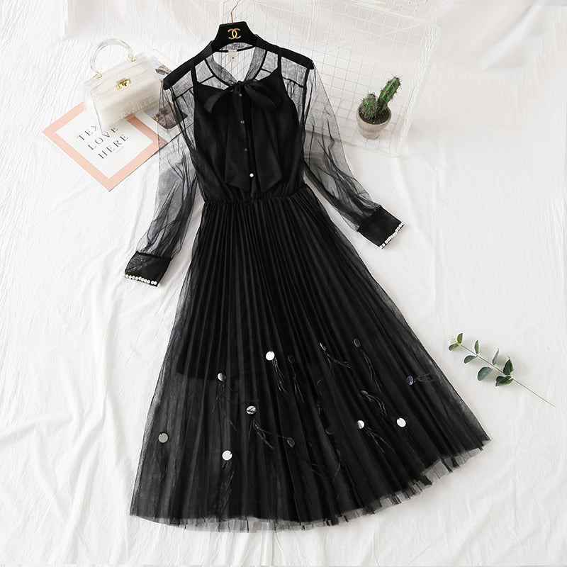 Dress feather nail bead long sleeve suspender bottomed skirt French girl long skirt  2286
