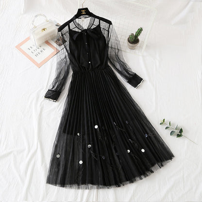Dress feather nail bead long sleeve suspender bottomed skirt French girl long skirt  2286