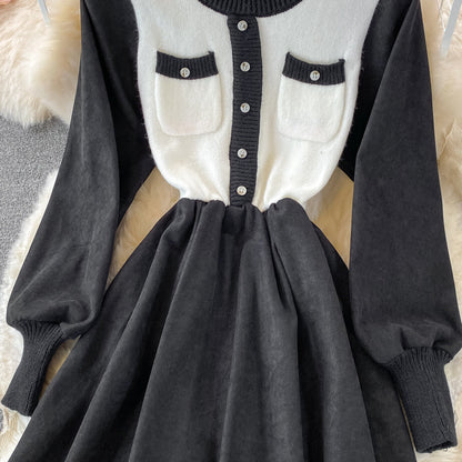 Korean high waist round neck knit stitched dress  3369