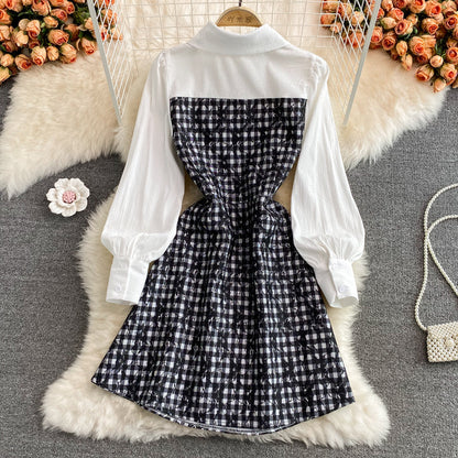 New design shirt collar patchwork chest cutout dress  3119