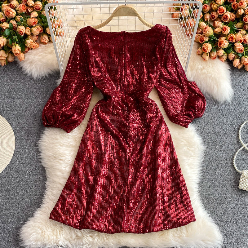 Celebrity light luxury Sequin short high-end V-neck dress  3068