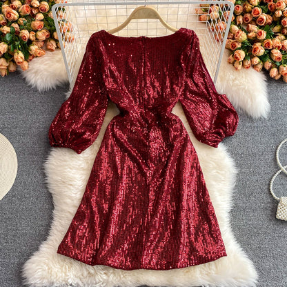 Celebrity light luxury Sequin short high-end V-neck dress  3068