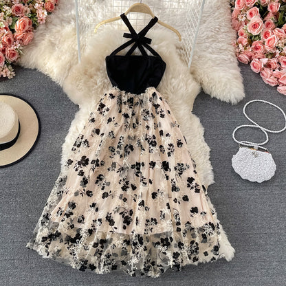 Neck off shoulder dress floral suspender dress  2978