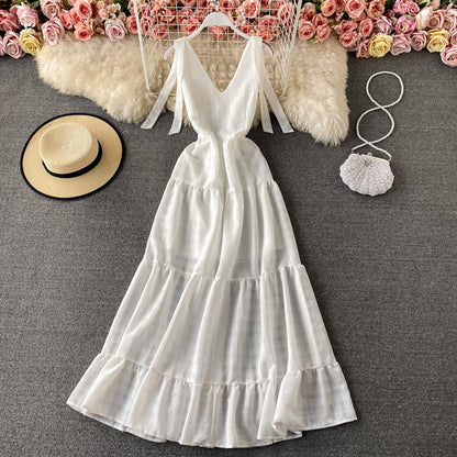 Seaside holiday V-neck backless dress  2935