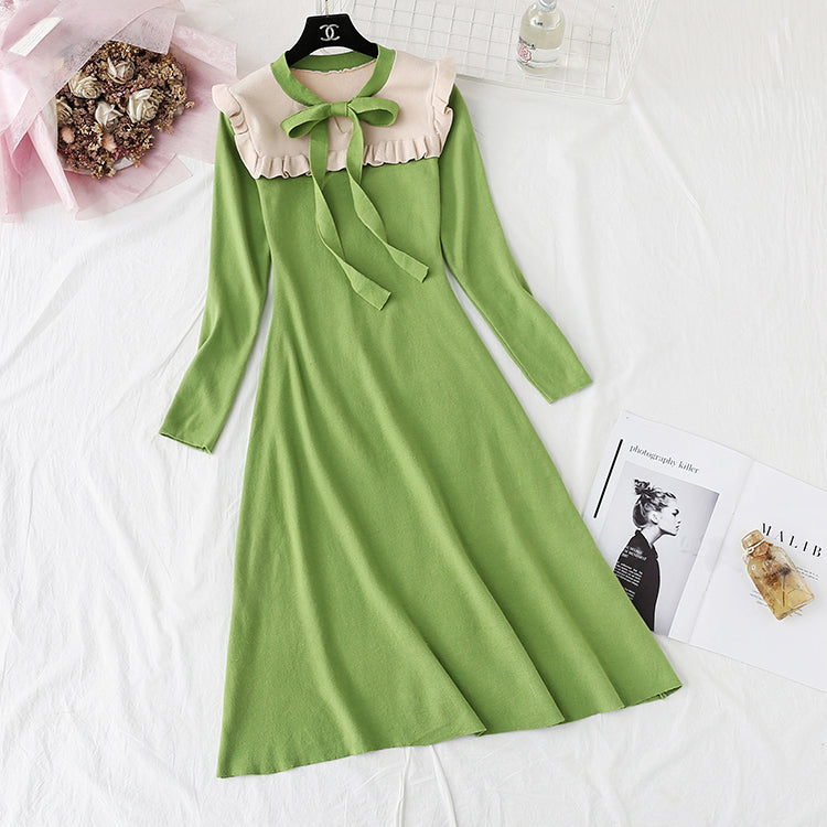 New fashion French retro long sleeve bottomed wool dress  2393