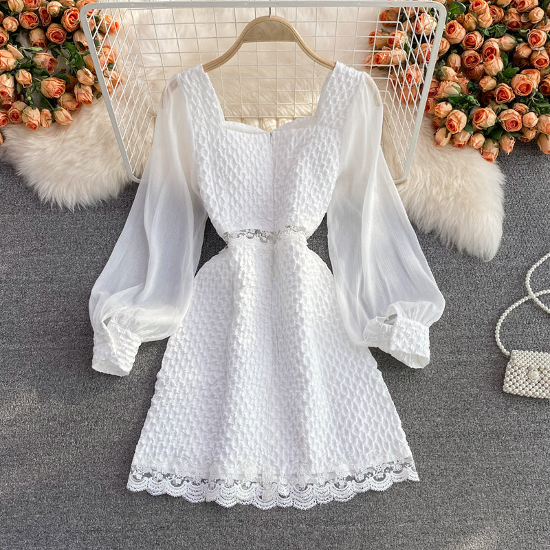 Waistband square neck Jacquard Dress Lantern Sleeve fairy A-line skirt  3238
