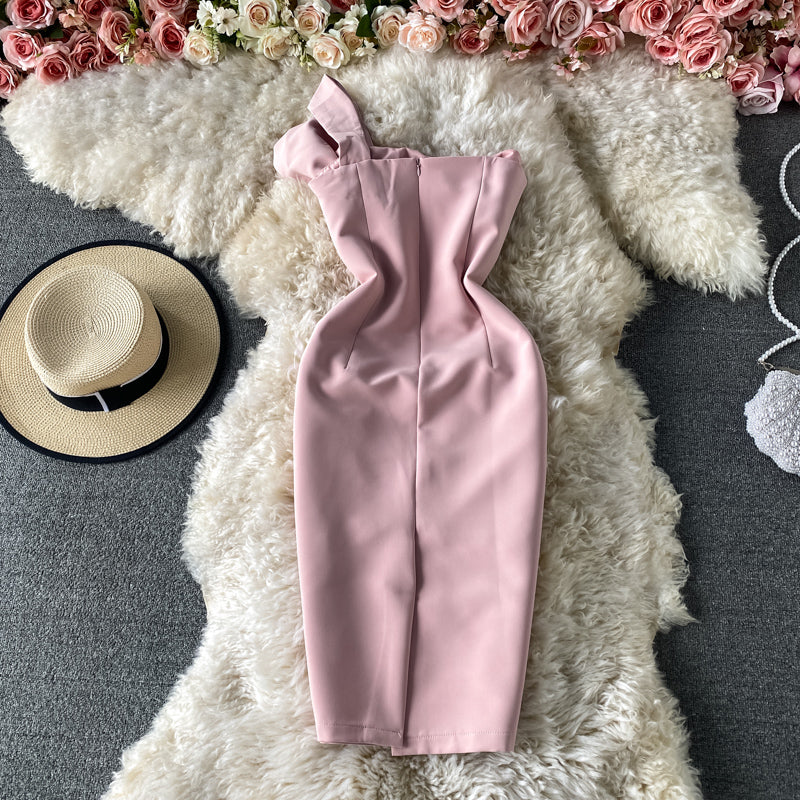 Diagonal shoulder bow dress wrap hip mid length skirt  3179