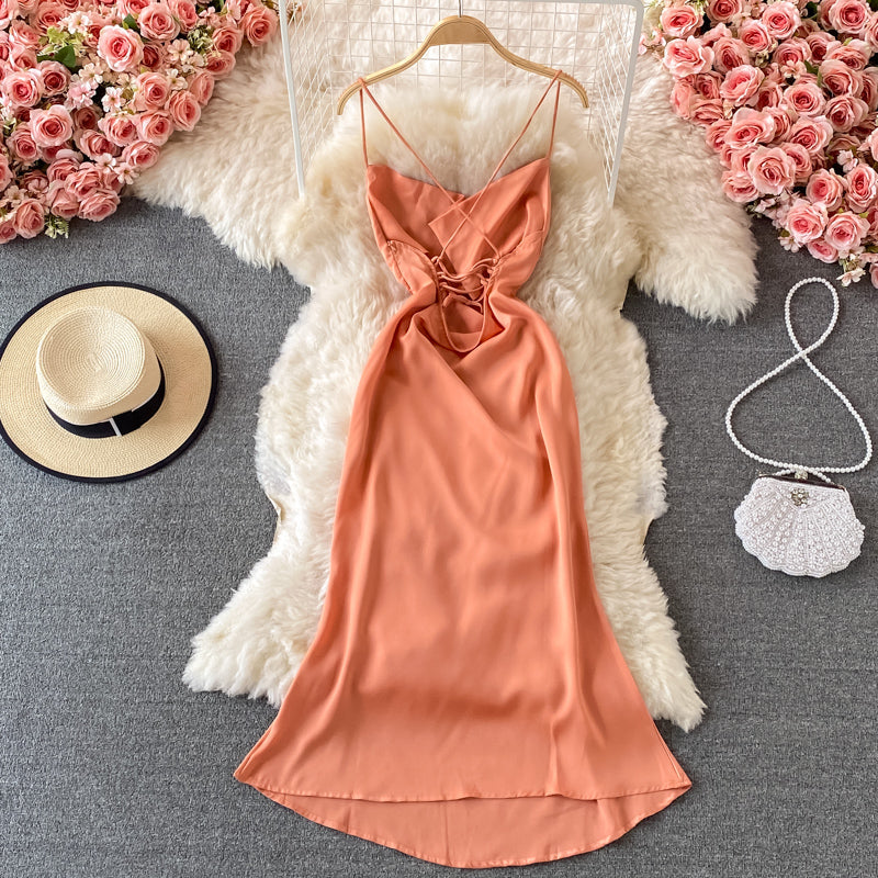 Slim temperament open back gentle wind Satin Dress  3063
