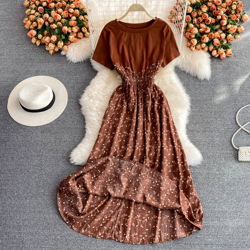 Hepburn round neck patchwork Floral Dress  3218