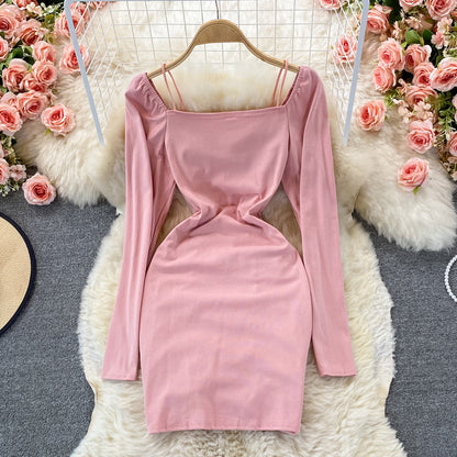 Sexy bubble sleeve slim fit lace up pleated square neck wrap hip dress  2917