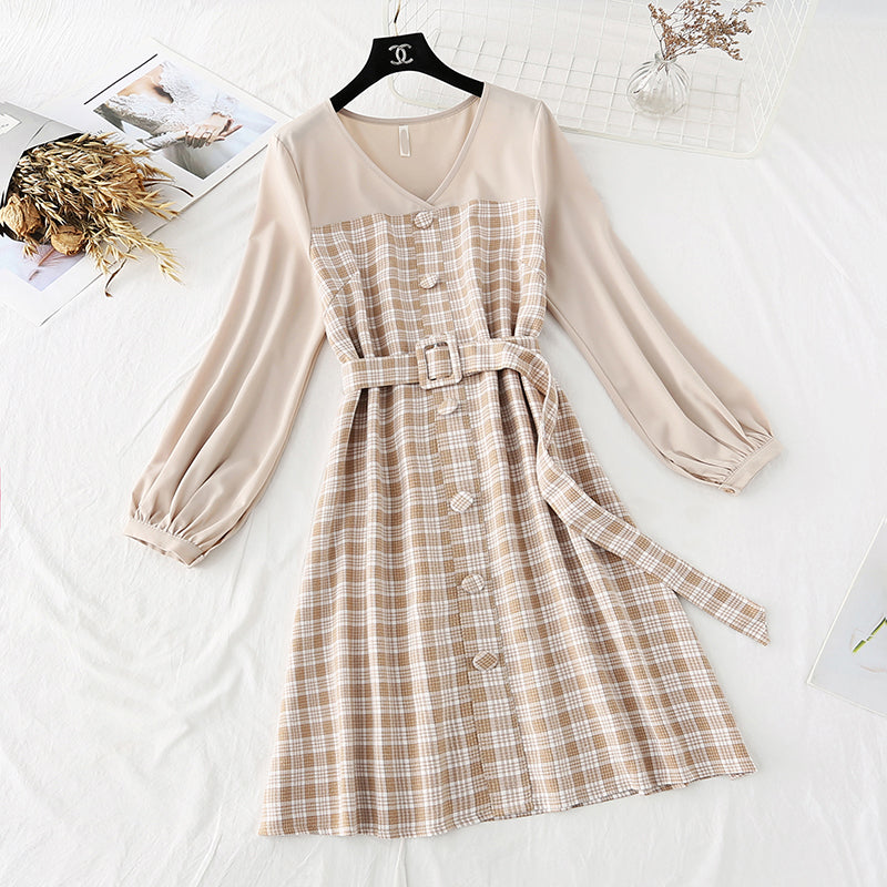 French Vintage plaid skirt fairy super fairy series long sleeve waist fashion  2301