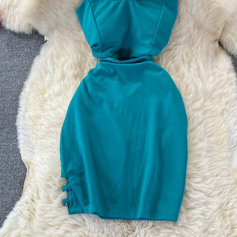 Hanging neck, open shoulder, cross tight, hollow out, waist and hip dress  2825