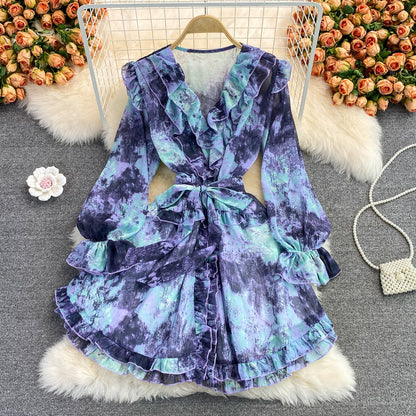 V-neck ruffled Floral Chiffon Dress  2854