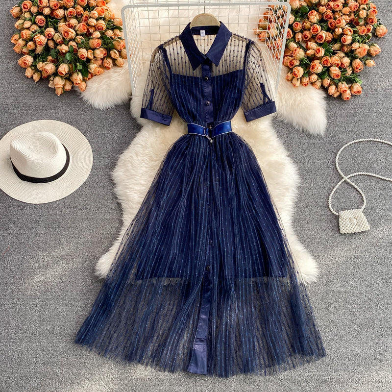Light mature style embroidered mesh dress  2990