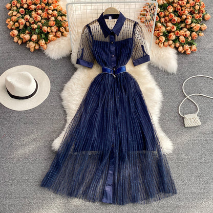 Light mature style embroidered mesh dress  2990