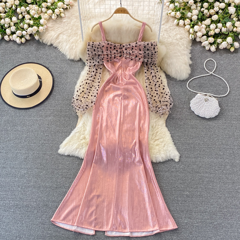 Metallic mosaic dot mesh suspender dress dress dress  3268