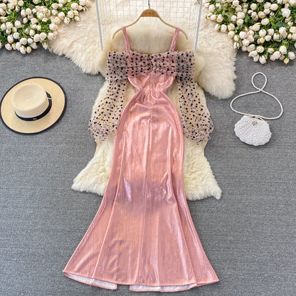 Metallic mosaic dot mesh suspender dress dress dress  3268