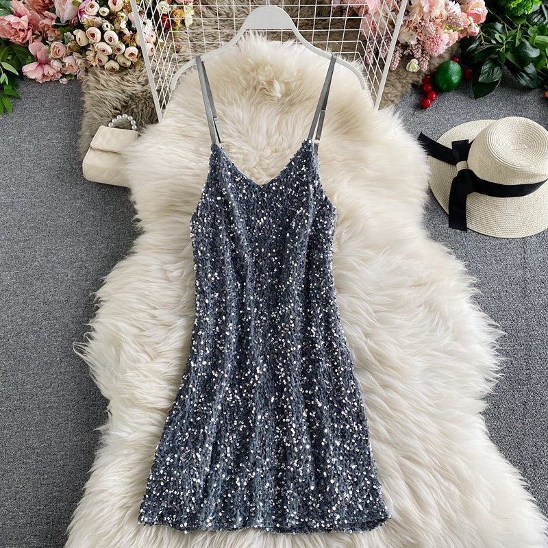 Sequin slim sexy hip strap dress  2849