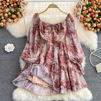 Retro ink painting square neck dress  3000