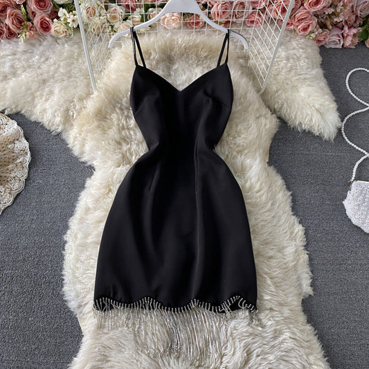 Chain tassel Rhinestone decorative suspender dress  2796