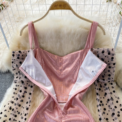 Metallic mosaic dot mesh suspender dress dress dress  3268