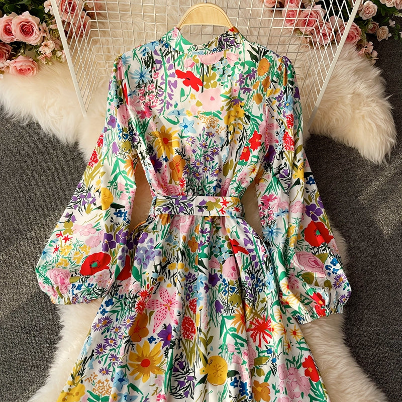 Stand collar bubble sleeve fashion printed waist length skirt  3191