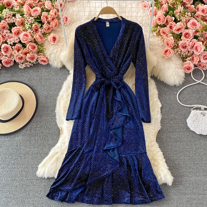 Hot diamond V-neck velvet dress fishtail long skirt  3107