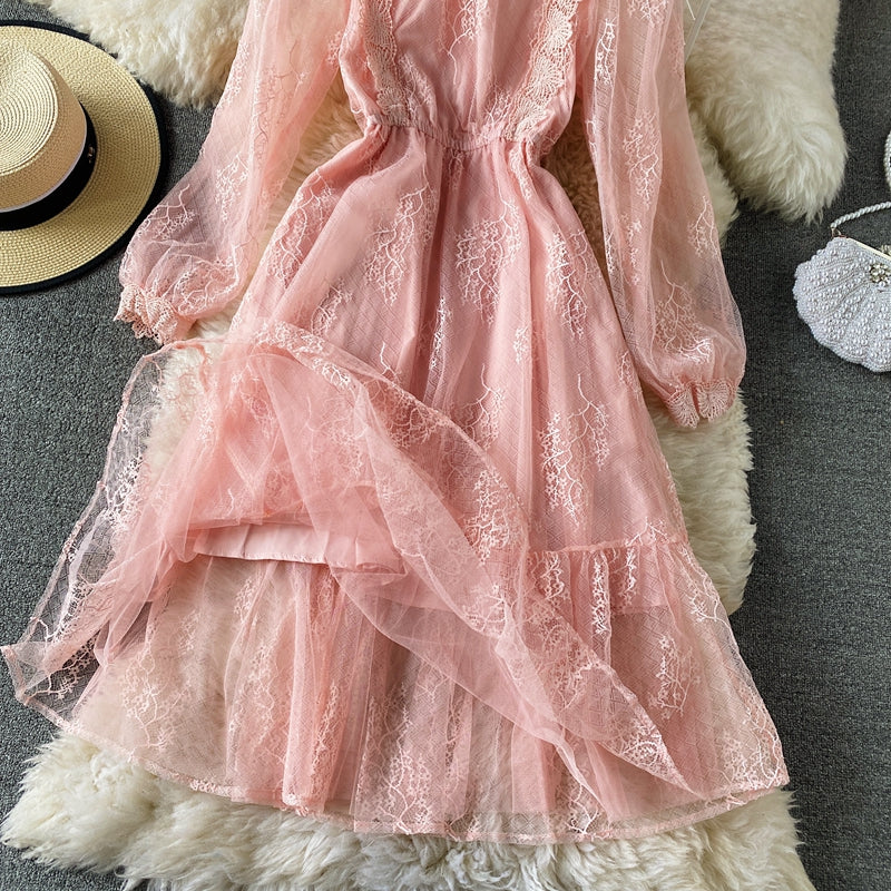 Lace round neck, sweet waist, slim A-line skirt, medium length skirt  3297