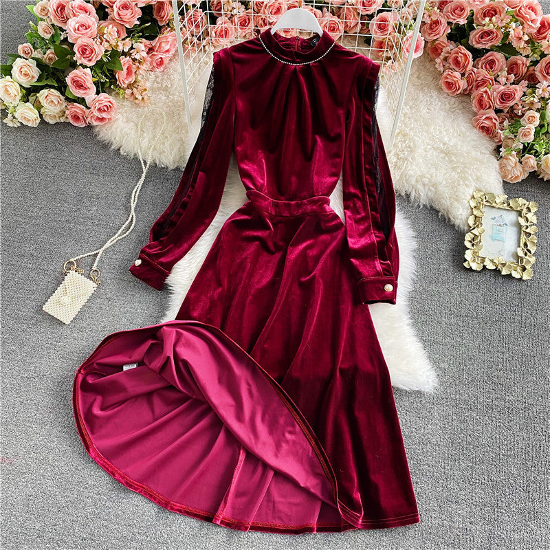 Burgundy stand neck off shoulder velvet A-line dress  2934