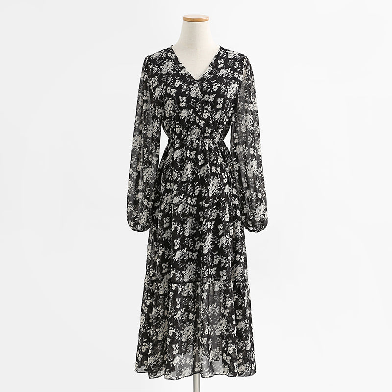 Temperament V-neck dress French waist closing thin chiffon long skirt  2280