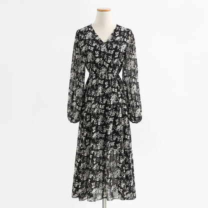 Temperament V-neck dress French waist closing thin chiffon long skirt  2280