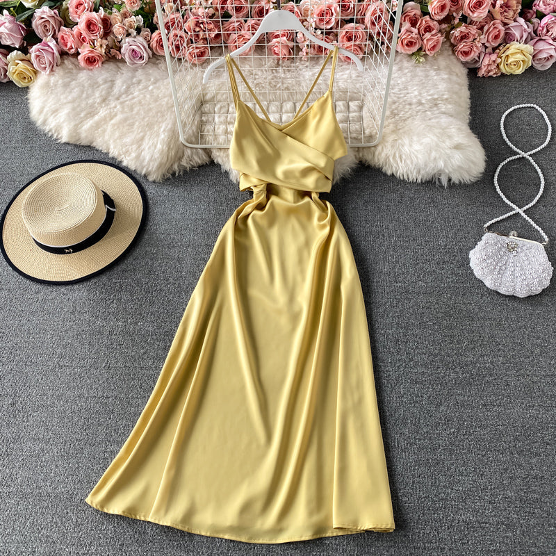 Open back strap waist V-neck suspender dress  3171