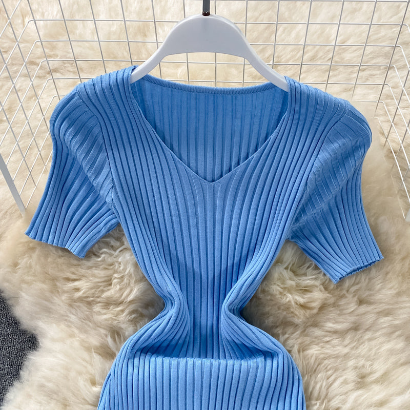 V-neck slim knit dress Hip Wrap  2973
