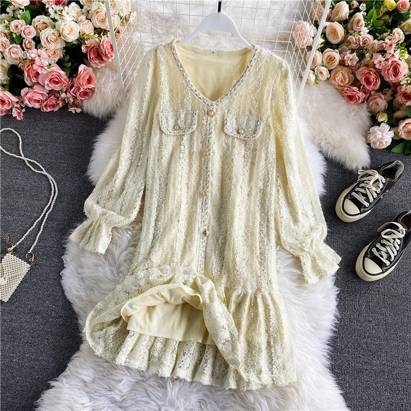 Ruffle panel lace flare sleeve French long sleeve V-neck dress  3146