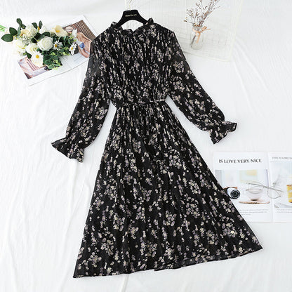 Dress women's French retro pleated waist slim dress  2167