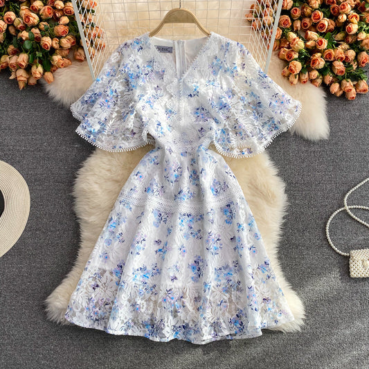 Hollow out embroidery hook flower waist closing slim lace dress  2987