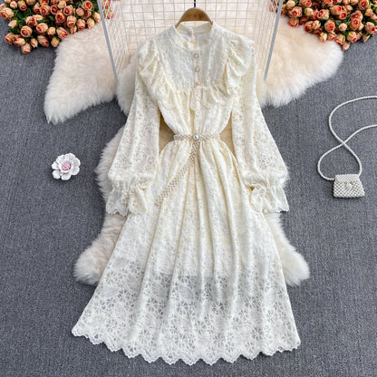 Stand collar backing brushed lace dress  3022