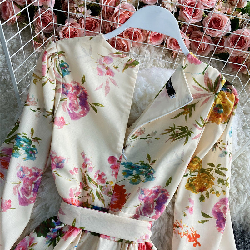 Sweet printed bubble sleeve waist V-neck dress  3424